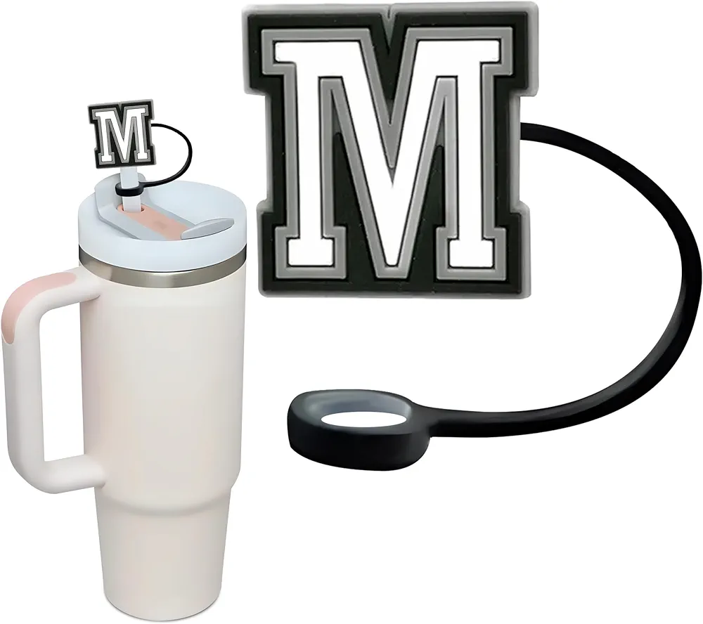 Letter Initial Silicone Straw Cover Topper Cap for Stanley Cup (Fits 30oz & 40oz) Personalized Name ID Identification Charm Accessories Fits 10mm Stanley Straw Tumbler (White, Letter M)