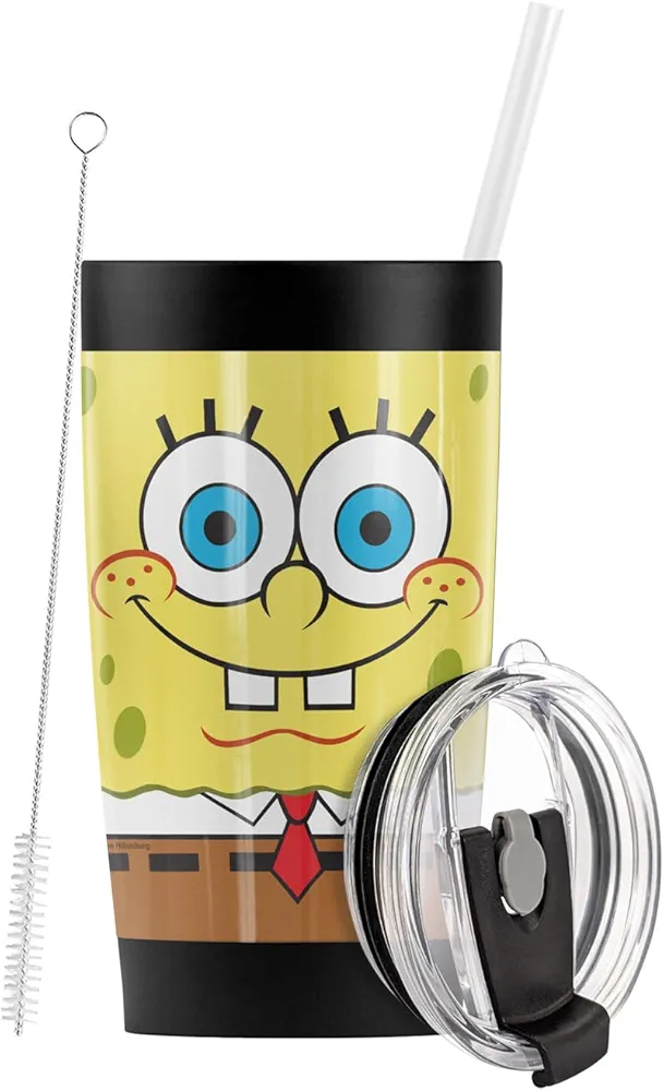 Logovision Spongebob Dual Face Stainless Steel Tumbler with Straw and Flip Lid 20 oz Travel Mug/Cup, Vacuum Insulated & Double Wall with Leakproof Dual Lid