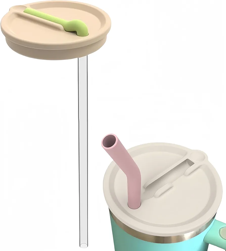 2 Pack 40 oz Silicone Tumbler Flip Straw Lid For Stanley Quencher Cup, Replaceable Spill Proof Leak-Proof Silicone Tumbler Lids Cover With Foldable Straw, beige