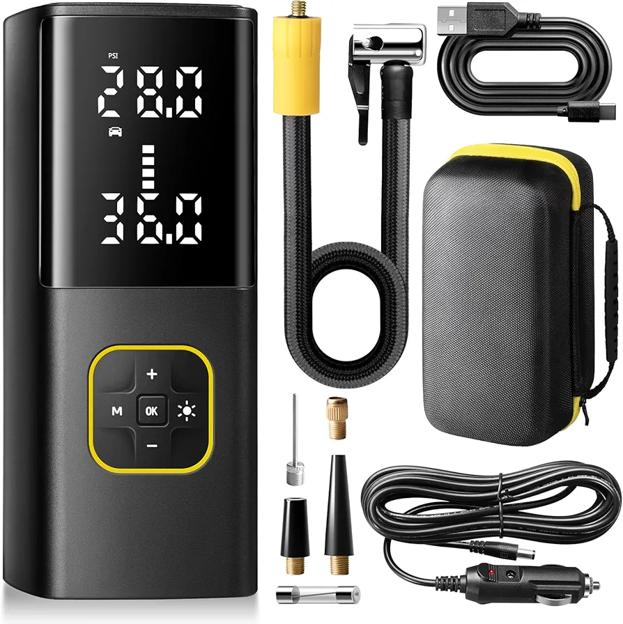 Zune Lotoo Tire Inflator Portable Air Compressor Cordless, 150PSI 9000mAh Rechargeable Battery Powered Air Pump for Car Tires with Digital Pressure Gauge/LED Light/12V Cable for Bike Motorcycle Ball