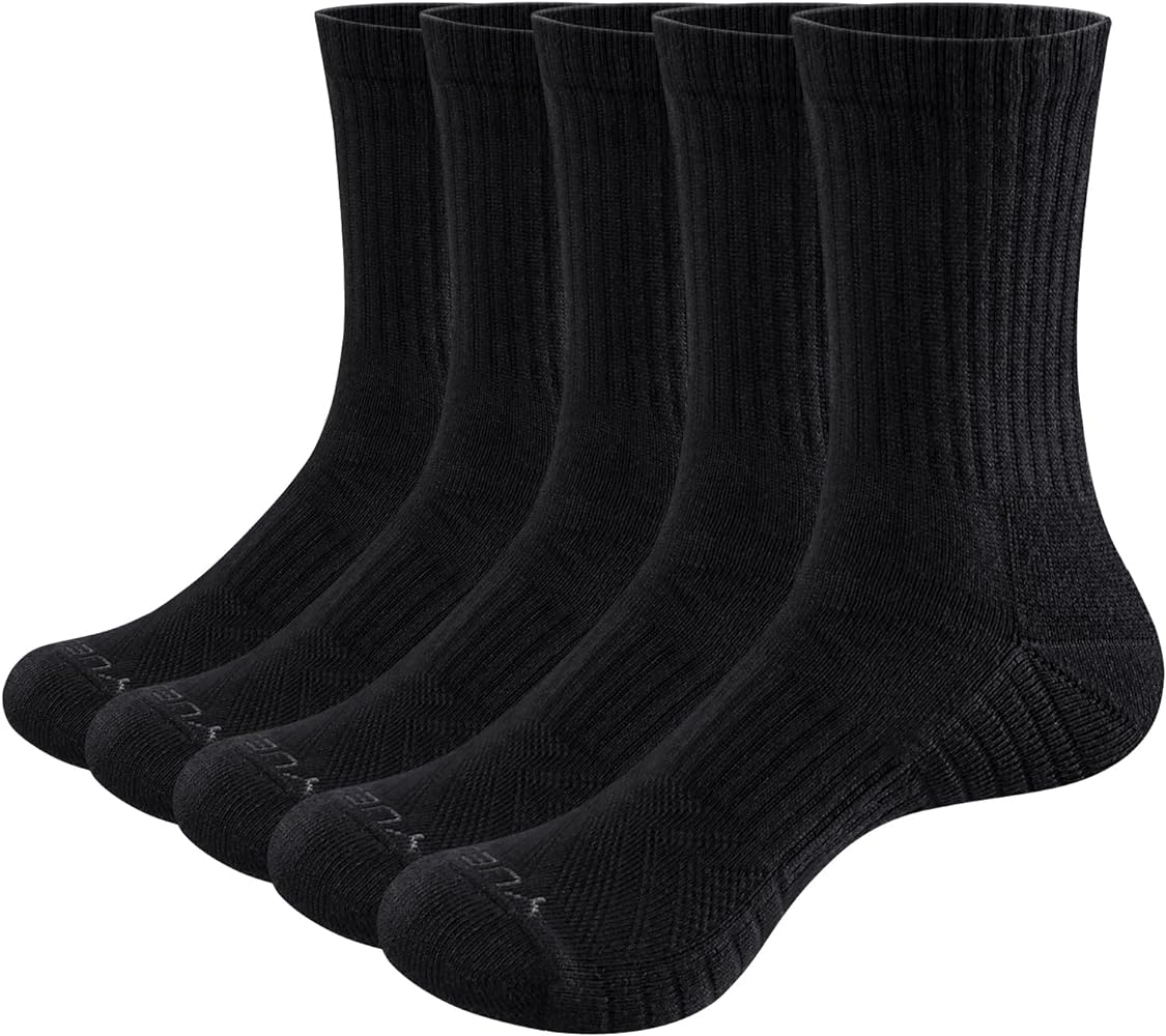 YUEDGE Womens Cushioned Crew Socks Moisture Wicking Gym Tennis Training Athletic Socks Casual Cotton Socks for Women, 5 Pairs