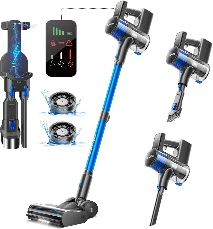 FABULETTA Cordless Vacuum Cleaner, 38Kpa Vacuum Cleaners for Home with 500W Brushless Motor, 6 in 1 Lightweight Stick Vacuum Up to 55 Mins Runtime, Great for Pet Hair/Carpet/Hard Floor, Deep Blue