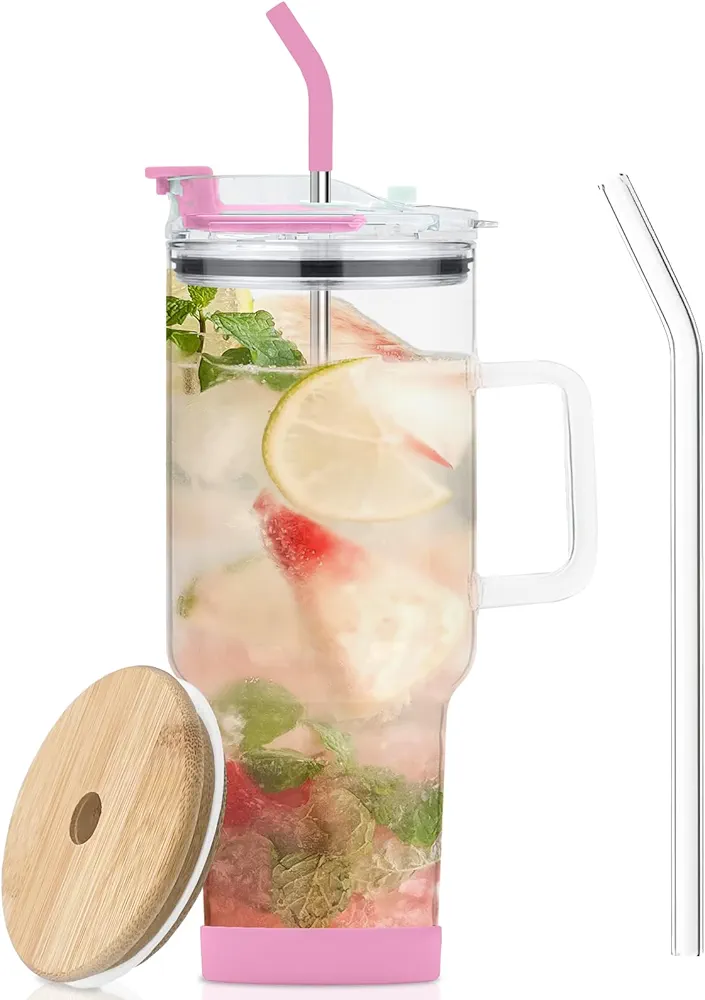 AiHeart Glass Tumbler with Lid and Straws,40oz Glass Cup with Handle,Drinking Glasses with Silicone Coaster,Glass Water Cup,Smoothie Cup,Beer Cup,Ice Coffee Cup,Fits In Cup Holder(Pink)