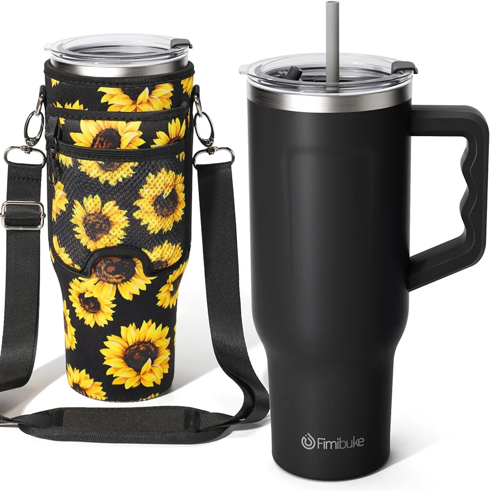Fimibuke 40 oz Tumbler with Handle & Carrier Bag, Stainless Steel Insulated Cup with Lid & Straw & Purse Pouch Phone Pocket, Gym Water Bottle Cupholder Friendly Women Men Travel Mug with Sleeve Holder