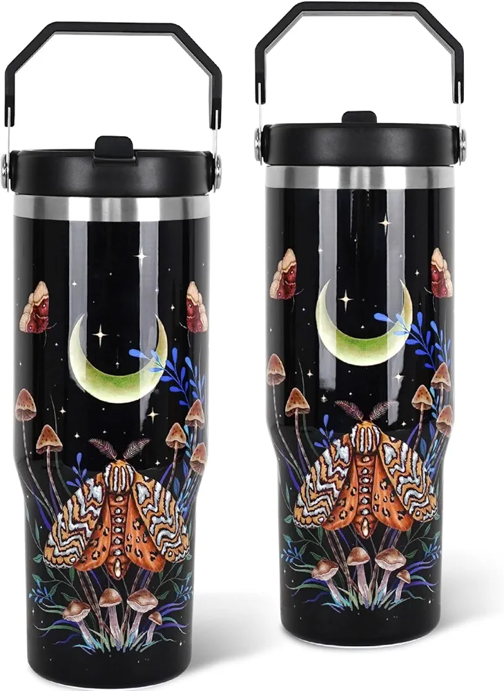 30 oz Magical Moth Tumbler with Handle and Flip Straw Lid Leak Proof Moon Phase,Boho Autumn Butterfly Nature Plant Stainless Steel Vacuum Insulated Travel Coffee Mug,Mushroom Gifts for Women Men
