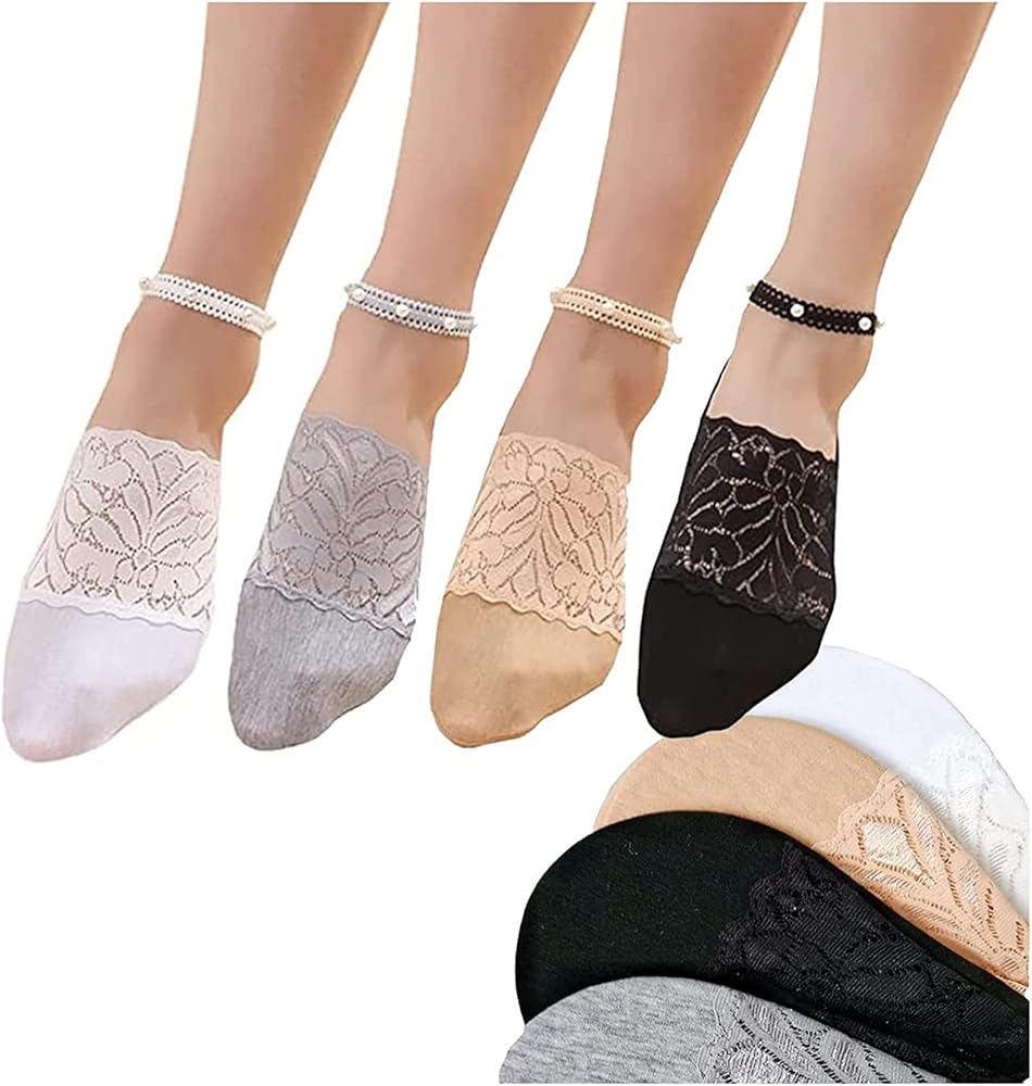 4 Pair Pearl Lace Socks for Women, Crystal Tulle Pearl Summer Socks