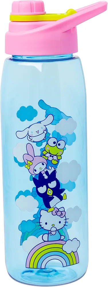 Silver Buffalo Sanrio Hello Kitty and Friends on a Rainbow Featuring Badtz-Maru, My Melody, Keroppi, and Cinnamoroll Water Bottle with Screw-On Lid, 28 Ounces
