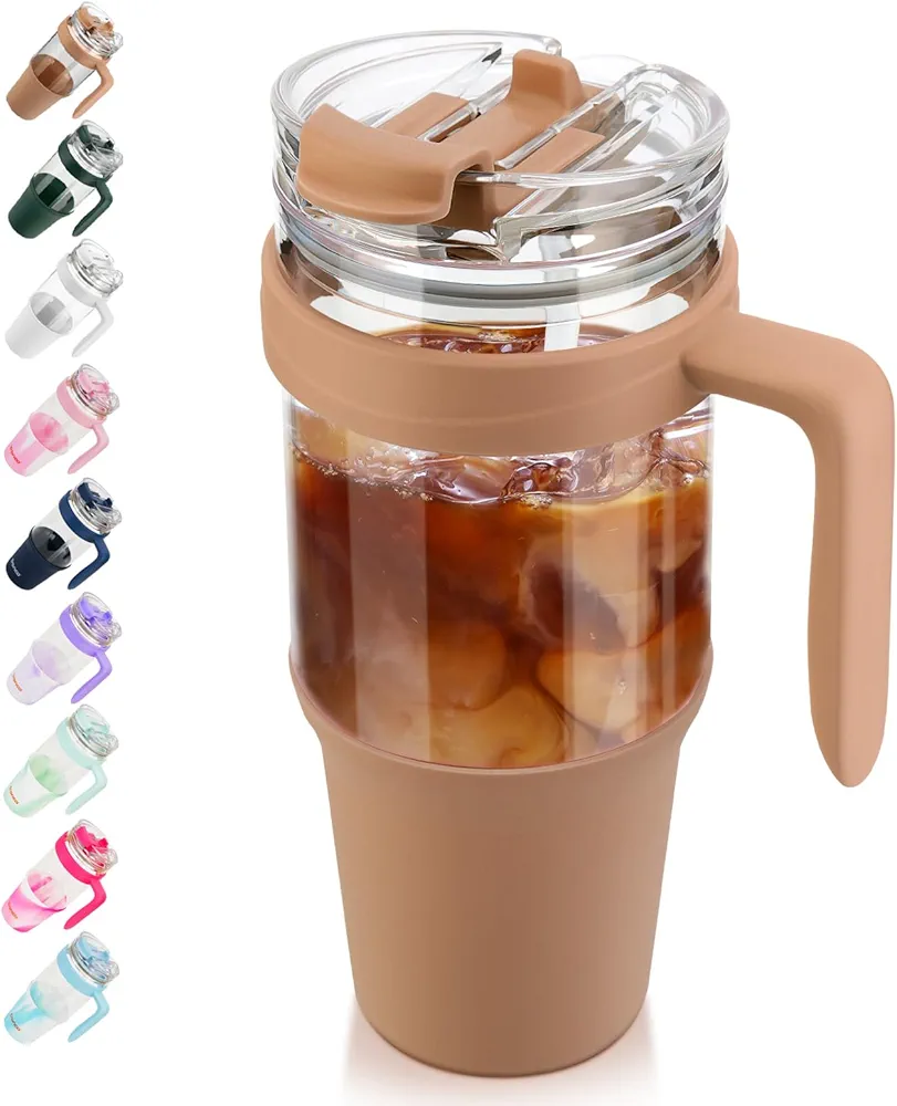 Tronco 40 oz Glass Tumbler with Handle, Leak-proof Flip Straw, Reusable Glass Tumbler with Straw and Lid, Iced Coffee Cup with Plastic Lid, Glass Water Bottles Fit in Cup Holder,Smoothie Cup