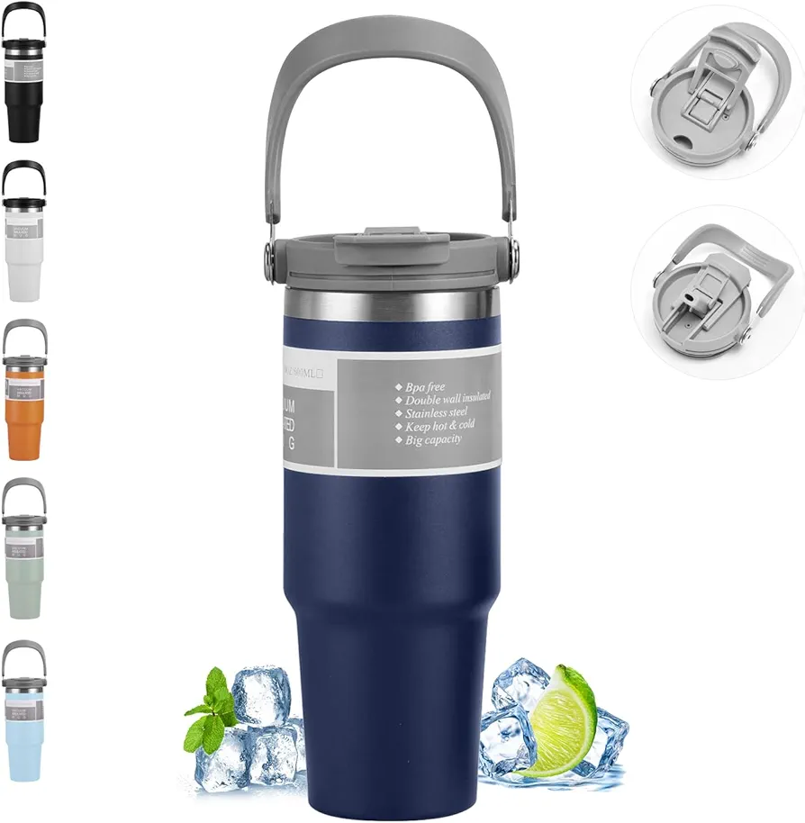 30 OZ Tumbler With Flip Straw, Leak Proof Stainless Steel Handle Tumbler Insulated Cup Water Bottle for Home, Outdoors, School,Dark Blue