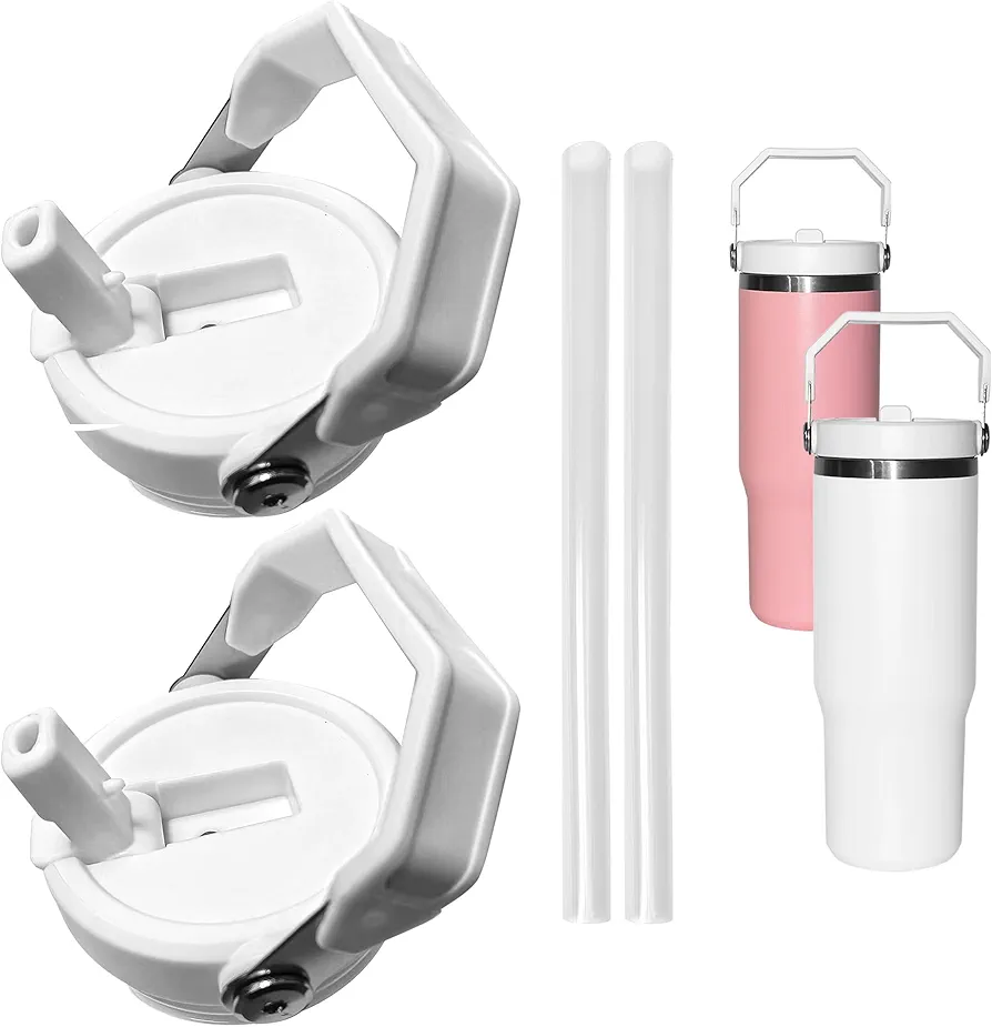 2PCS Replacement 20oz And 30oz Flip Tumbler Lid With Straw - Fit For Stanley 20oz And 30oz IceFlow Flip，Reusable Cup lid,Straw Leak Resistant Flip（white）