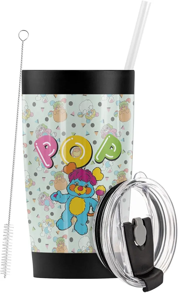 LOGOVISION Popples OFFICIAL Pop Pattern 80S Stainless Steel Tumbler with Straw and Flip Lid 20 oz Travel Mug/Cup, Vacuum Insulated & Double Wall with Leakproof Dual Lid