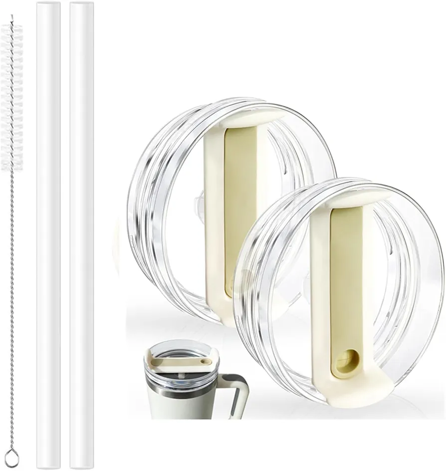 30 OZ Tumbler Lid Replacement for Stanley Cup, 2 Pack Flip Straw Replacement Lids with 2 Straws for 30 OZ Tumbler, Spill Proof Tumbler Lids for Stanley Cup (Clear - Cream)
