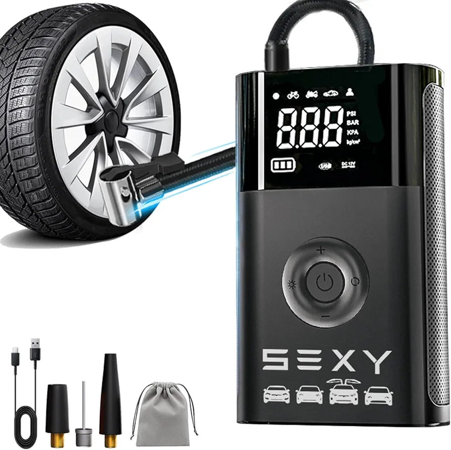 Tire Inflator Air Compressor for Tesla Model 3 Y X S,Cordless Portable Air Pump,2024 Tesla Accessories with Tire Pressure Gauge and Emergency Light,Multipurpose Tesla Tire Pump