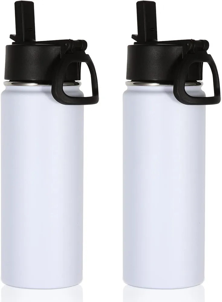 Volhoply 18oz Insulated Water Bottle Bulk 2 Pack,Kids Stainless Steel Water Bottles with Straw Lid,Double Wall Vacuum Metal Thermos Bottle,Wide Mouth Reusable Sports Flask For Cold Drink(White,2 Set)