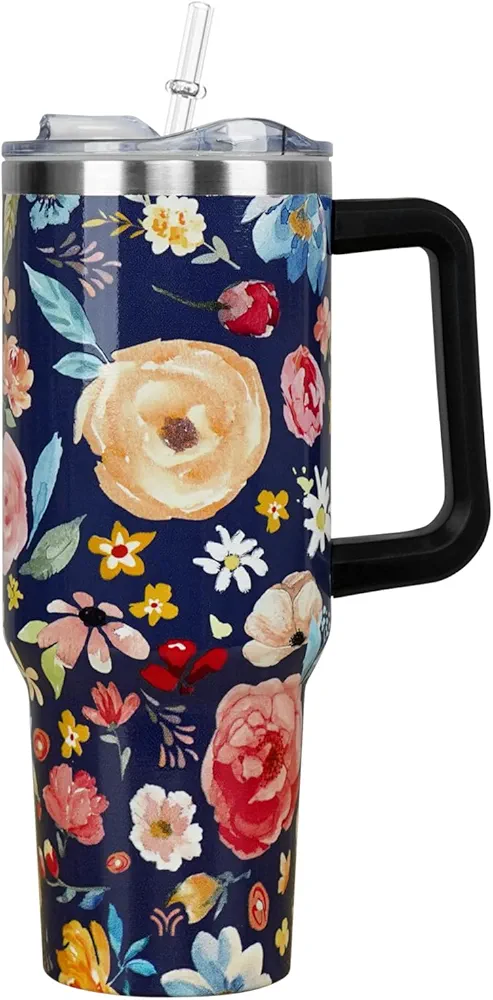 40 oz Tumbler with Handle and Straw Lid | Vacuum Insulated Leak Proof Tumbler | Stainless Steel Water Bottle Cup Gifts for Moms Dads Women Men Him Her | Blue Flowers