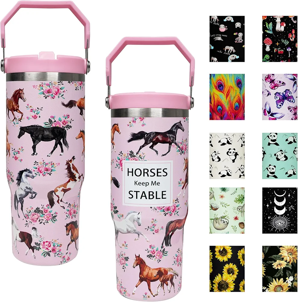 30 oz Horse Flip Straw Tumbler with Top Handle for Horse Lover Resuable Vacuum Insulated Flip Top Water bottle for Home Office Car Horse