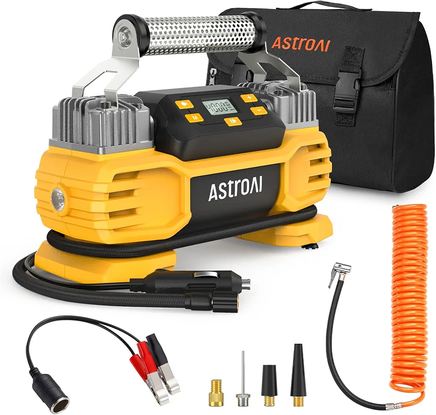 AstroAI Portable 160 PSI DC Heavy Duty Tire Inflator Pump Auto Shutoff with Screen, Dual Cylinders & Dual Motors, 12V Air Compressor for SUVs, RVs, ORVs, Cars, Air Mattresses, etc. Yellow