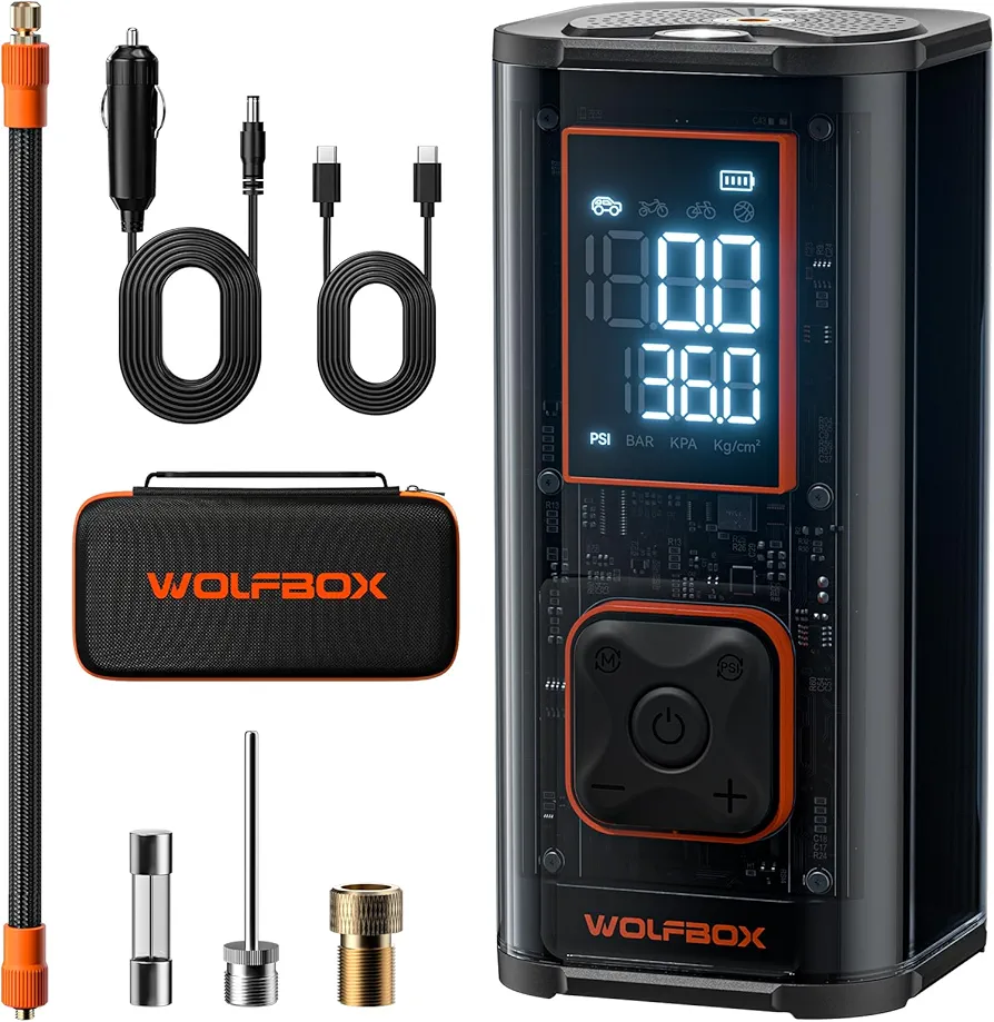 WOLFBOX 12000mAh&150PSI Portable Air Compressor Tire Inflator,58LPM Double- cylinder Fast Air Pump for Car Tires,3.5'' LED Display,20'' Hose,45W USB C Port,Air Compressor for Car,Bike,Pickup Truck,RV