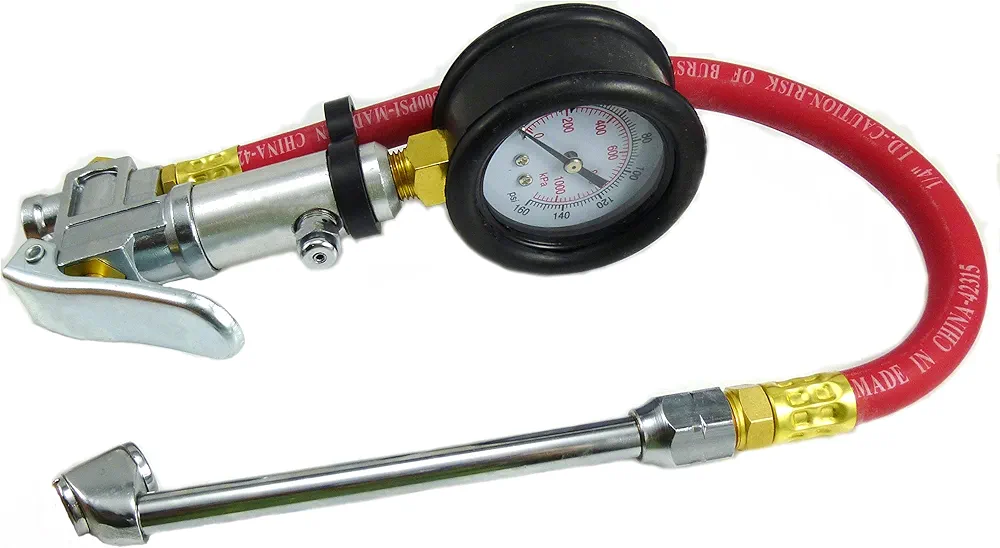 Dynamic Power Dual Foot Chuck Inflator Calibrated - 140 PSI. 100-100kpa in 20kpa. 1-10 bar in 0.2 bar gauge. D-TG-4