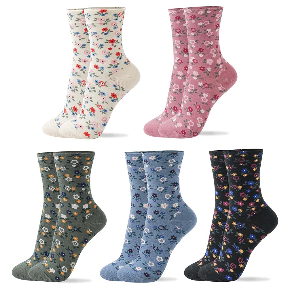 kikiya socks Women Crew | 4-6 Pairs Floral Heart Print Polka Dot Pattern Rainbow Tube Ladies Girls Cute Cotton Socks | US 6-8