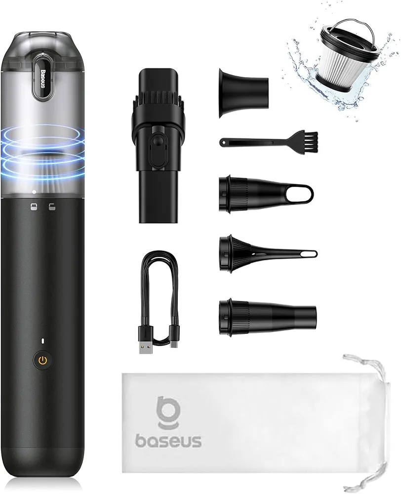 Baseus Car Vacuum Cleaner High Power, A3 Lite 12kPa Handheld Car Vacuum Portable Cordless with USB C Fast Charging, Single Touch Empty, 4-in-1 Air Blower Inflator Pump for Swim Rings, Air Mattress