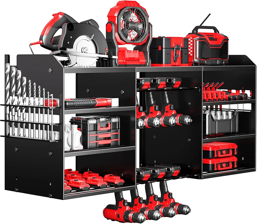 Upgrade Large Power Tool Organizer Wall Mount,Cordless Tool Storage Rack with 8 Drill Holder,4 Layer Heavy Duty Metal Loads 400lbs Power Tools Battery Utility Shelve for Garage and Workbench