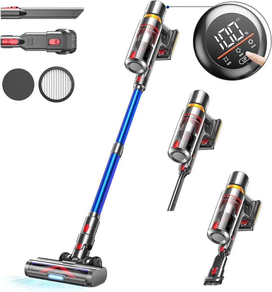 Cordless Vacuum Cleaner, 550W/45Kpa Strong Suction Vacuum Cleaners for Home, Up to 55 Mins Runtime Stick Vacuum with LED Display, Anti-Tangle Lightweight Vacuum for Pet Hair/Hardwood Floor/Carpet