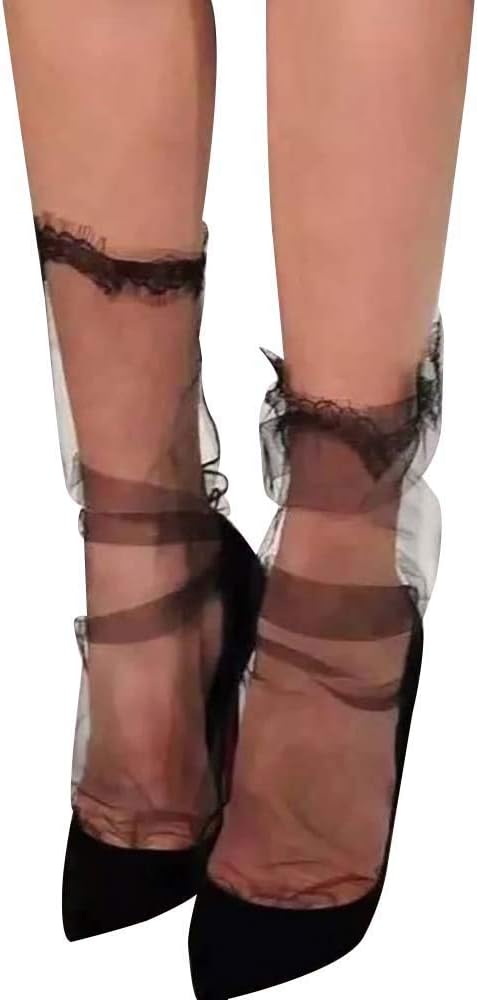 ZNL Women's See Through Mesh Loose Socks Glitter Stars Transparent Sheer Slouch Socks Teen Girls Ankle Hosiery