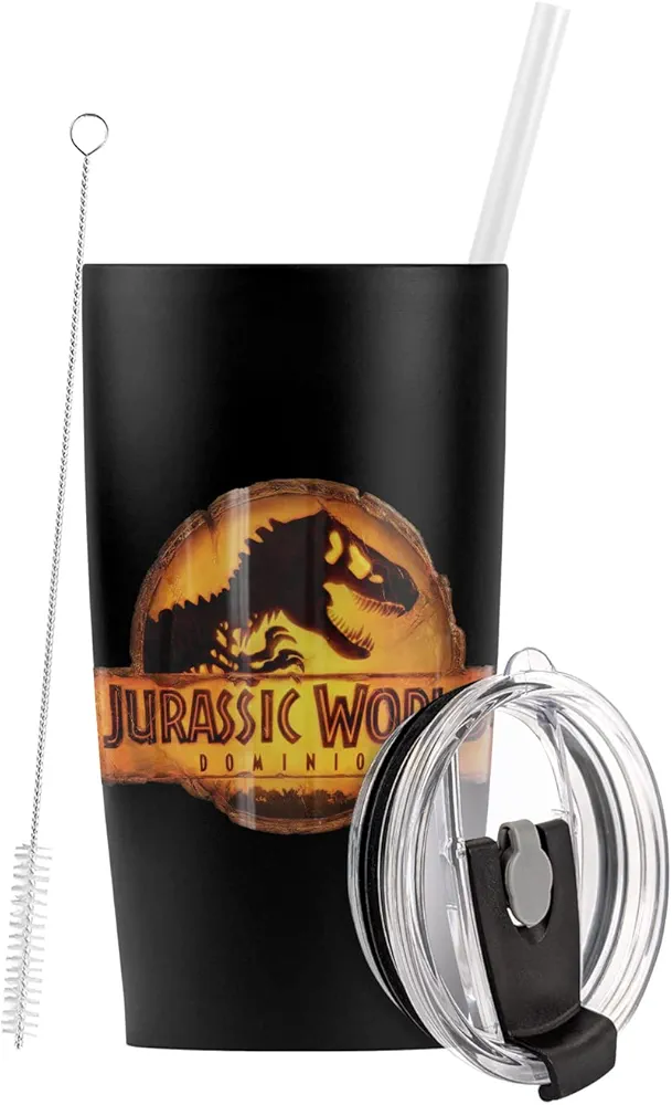 Jurassic World OFFICIAL Dominion Amber Logo Variant Stainless Steel Tumbler with Straw and Flip Lid 20 oz Travel Mug/Cup, Vacuum Insulated & Double Wall with Leakproof Dual Lid
