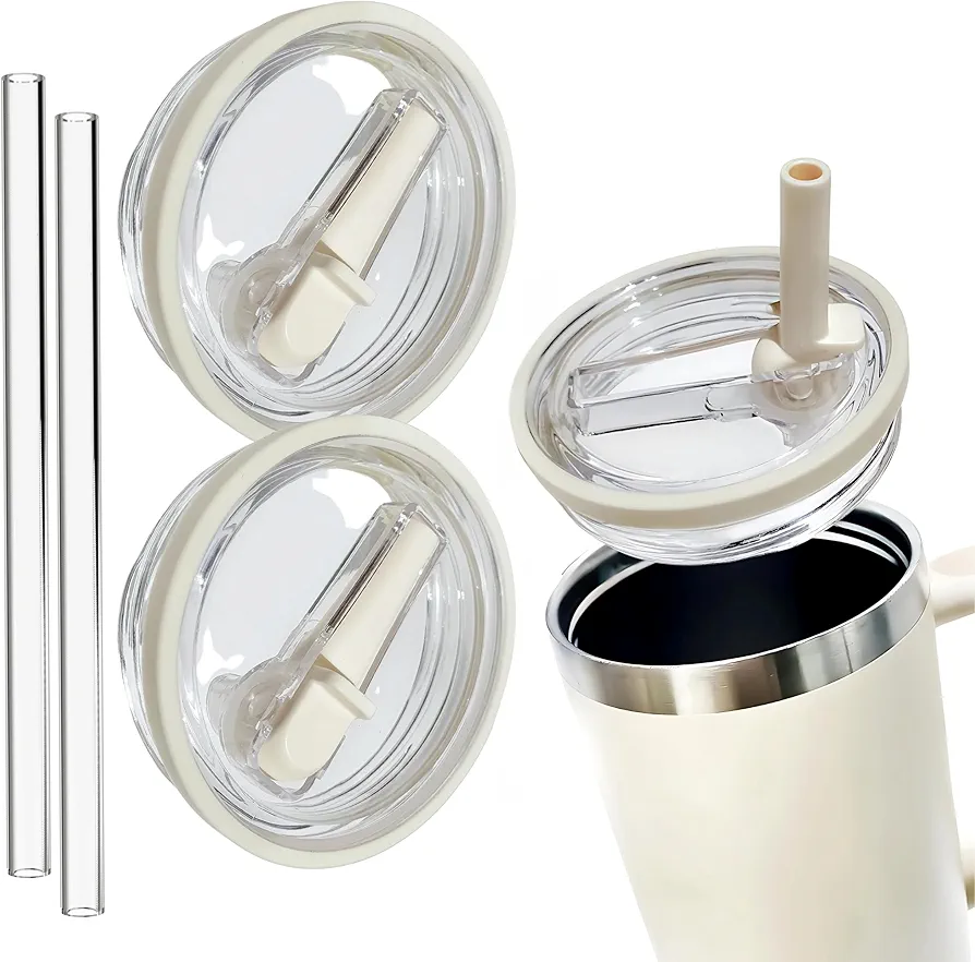 shopwidus 2 Pack Replacement Lids for 40 oz Tumblers, Compatible with Stanley Quencher, Spill-Proof Flip Straw Lids, Reusable Tumbler Covers, Leak-Resistant Tumbler Lids, (Cream White)