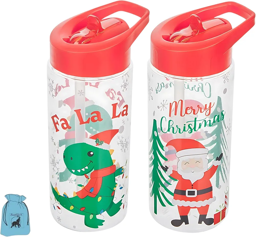 EB (2) Christmas Tumblers with Flip-up Straws Plastic Holiday Drinkware Set Spill Proof for Home Kitchen Office Travel Cups Party Favors Xmas Holiday Gift Stocking Stuffer (Design May Vary)