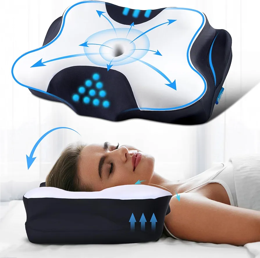 Cervical Neck Pillow Cooling Pillow for Neck Pain Relief, Ergonomic Contour Side Sleeper Pillow for Sleeping, Orthopedic Memory Foam Pillows for Back Stomach Sleepers, 2 in 1 Stomach Sleeping Pillows