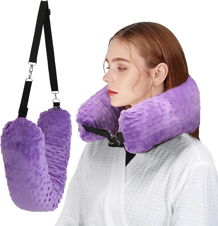 Stuffable Travel Pillow, Stuffable Neck Pillow for Travel, Travel Neck Pillow Stuffed with Clothes Storage - No Extra Baggage Fees, Fits 5+ Days of Travel Essentials, No Filler (Purple-Dot)