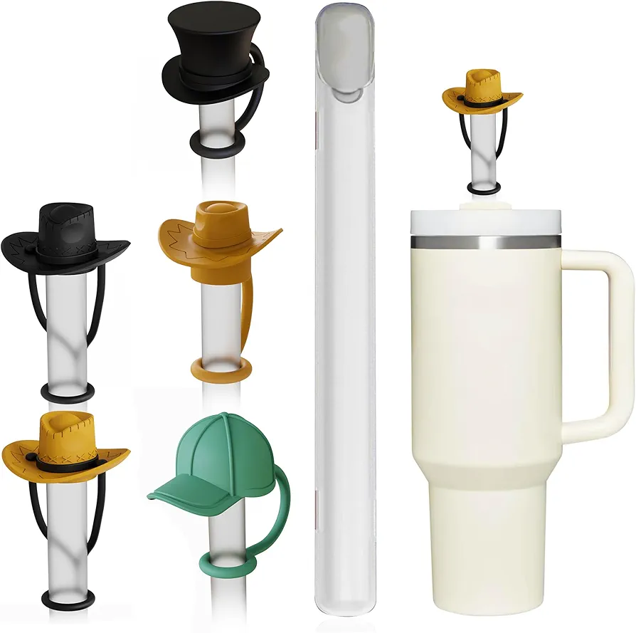 PROOCI 5 Pack Cowboy Hat Straw Topper & Travel Straw Case Set for Stanley 40/30/20 oz Tumbler, 10mm Silicone Straw Covers for Yeti & Starbucks Cup, Simple Modern Spill Leak Proof Straw Cap Accessories