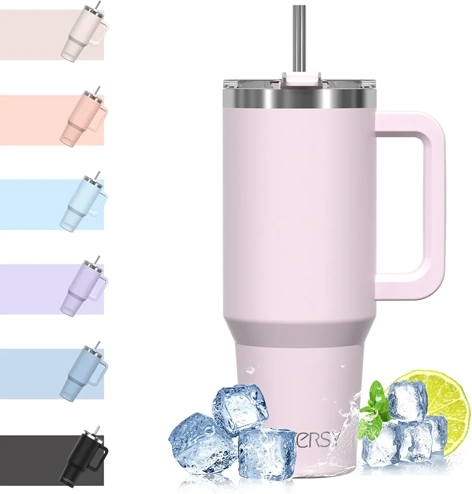 40 oz Tumbler with Handle,Tumbler with Lid and Straw,Double Wall Insulated Cup Stainless Steel Travel Mug(Cold for 34 Hours),Water Bottle for Iced Tea,Coffee,Cold Beverages(Rose Quartz)
