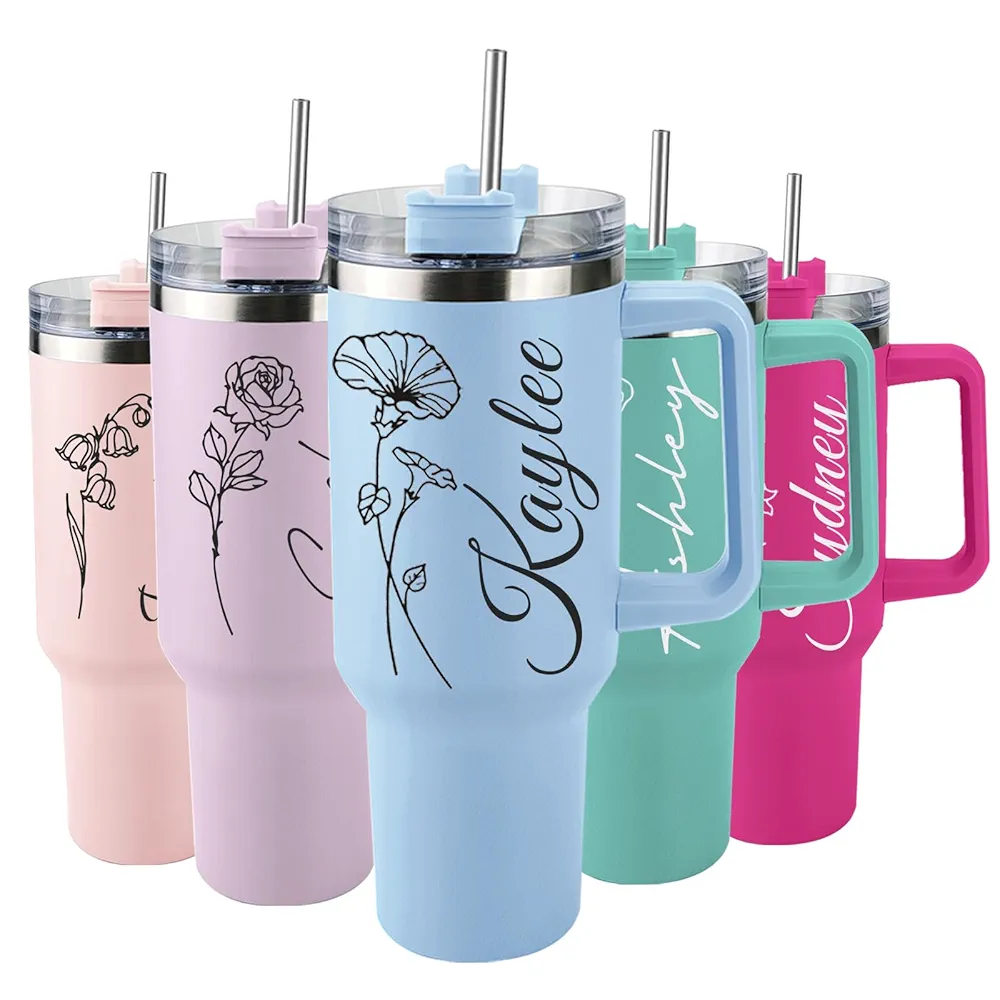 Ships Next Day, Personalized 40 Oz Tumbler with Handle and Straw, Custom Stainless Steel Insulated Tumbler with Name Travel Coffee Mug Personalized Gifts for Women Girls