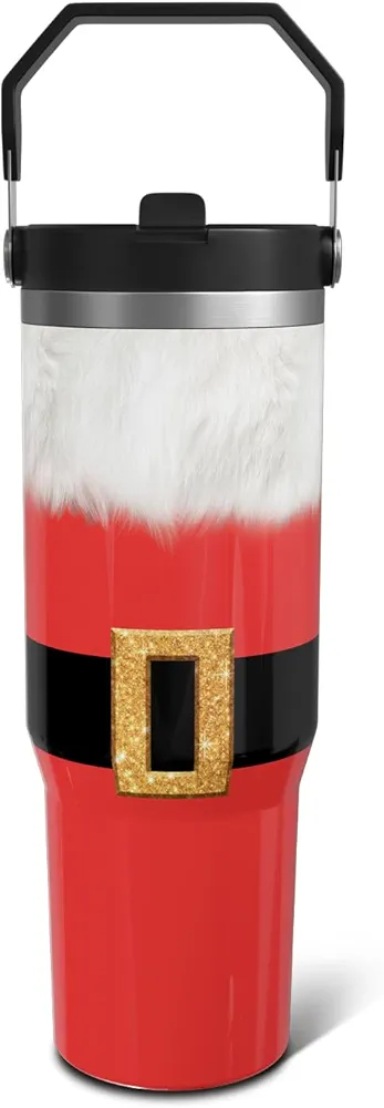Christmas Gifts 30oz Tumbler Gifts for Women Men, Red Xmas Santa Claus Stainless Steel Insulated Cup, Top Handle and Flip Straw Water Bottle Mug Holiday Gift Ideal