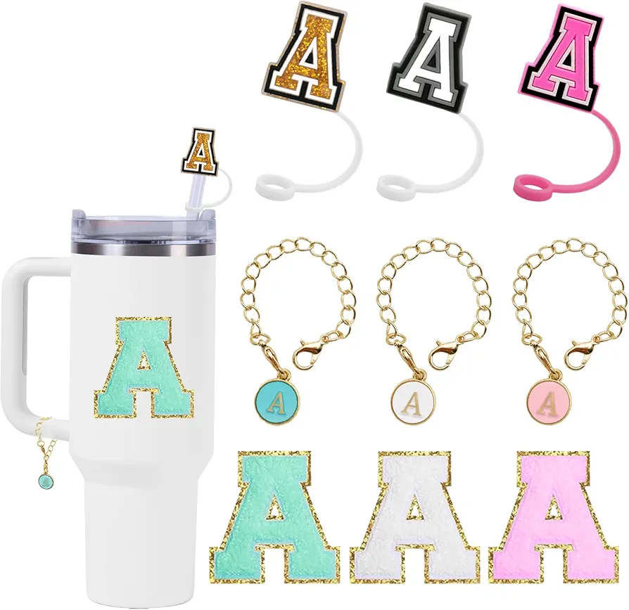 Stanley Cup Accessories Set,3 Pcs 0.4in Straw Cover, 3 Pcs Letter Stanley Charm, 3 Pcs Letter Towel Stickers Fits Stanley 40&30 Oz Tumbler(A)