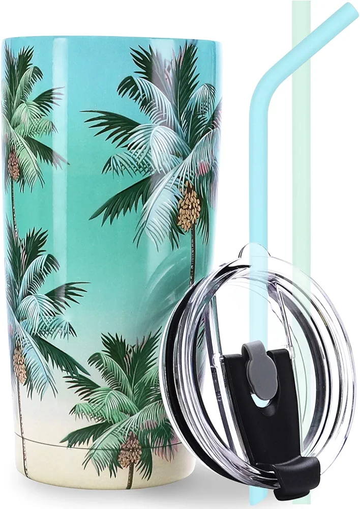 NymphFable 20oz Palm Tree Tumbler with Straw and Lid Stainless Steel Insulated Travel Mug Double Wall