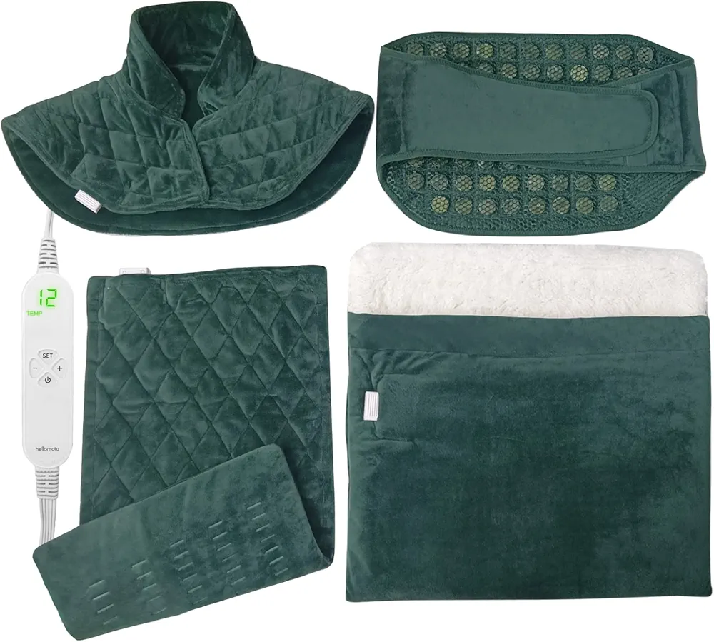 Heating Pad Gift Set of 4, Includes 18''x22'' Weighted Shoulder Heating pad + 12" x 24" Full Weighted Heating Pads for Back Pain + 12" x 24" Jade Stone Heating Pads + 19'' x 19'' Foot Warmer- GP03