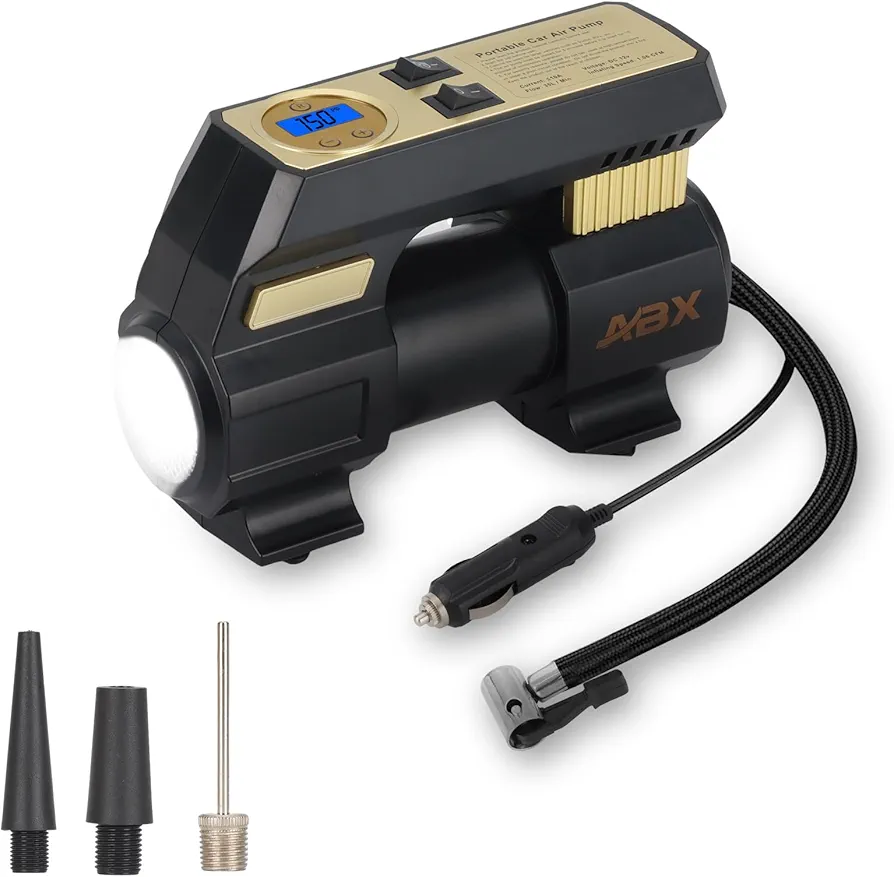 ABX Tire Inflator Portable Air Compressor, 150PSI Tire Inflator, DC12V Portable Air Compressor Digital Pressure Gauge - Emergency LED Light - Four Inflatable Nozzles, for Car Motorcycle Bicycle etc