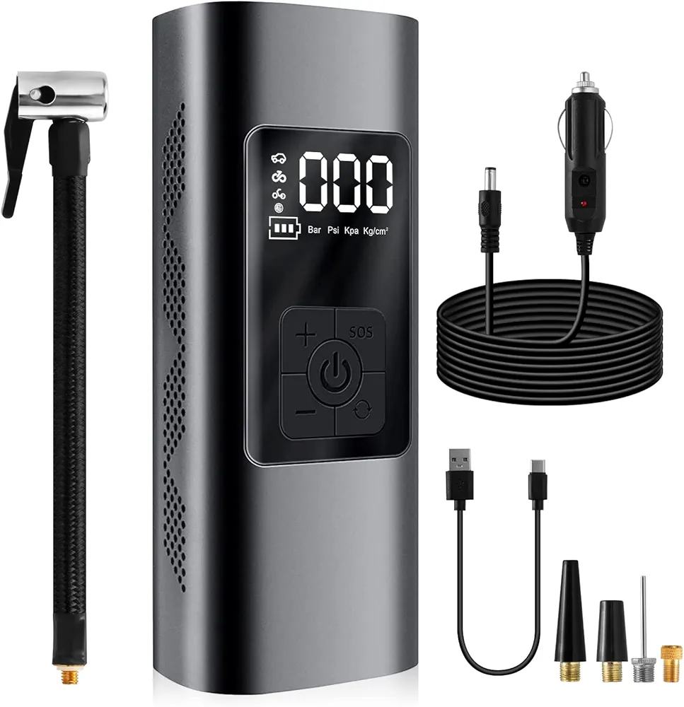 Portable Tire Inflator, 6000mAh Cordless Air Pump Automatic Tire Inflator, 150PSI Air Pump for Car Tires Bike Electric Tire Inflato with Digital Pressure Gauge, 12V Car Power Cable