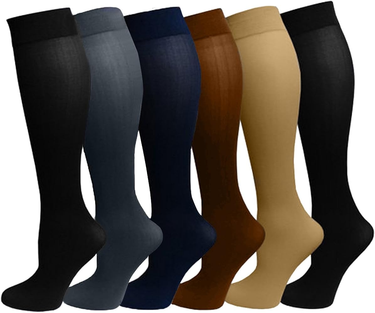 Differenttouch 6 Pairs Women's Opaque Spandex Trouser Knee High Socks Queen Size 10-13