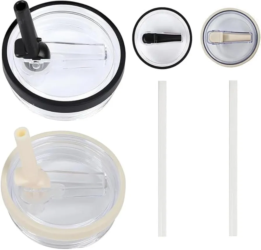 2 Pack 40 oz Tumbler Flip Straw Lid Replacement fit for Stanley Quencher, Spill Proof Splash Resistant Tumbler Lids,Dustproof Tumbler Cover, Reusable Tumbler Cover，With straw(Cream+Black)