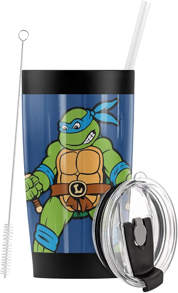 Teenage Mutant Ninja Turtles TMNT Leo And Logo Stainless Steel Tumbler with Straw and Flip Lid 20 oz Travel Mug/Cup, Vacuum Insulated & Double Wall with Leakproof Dual Lid