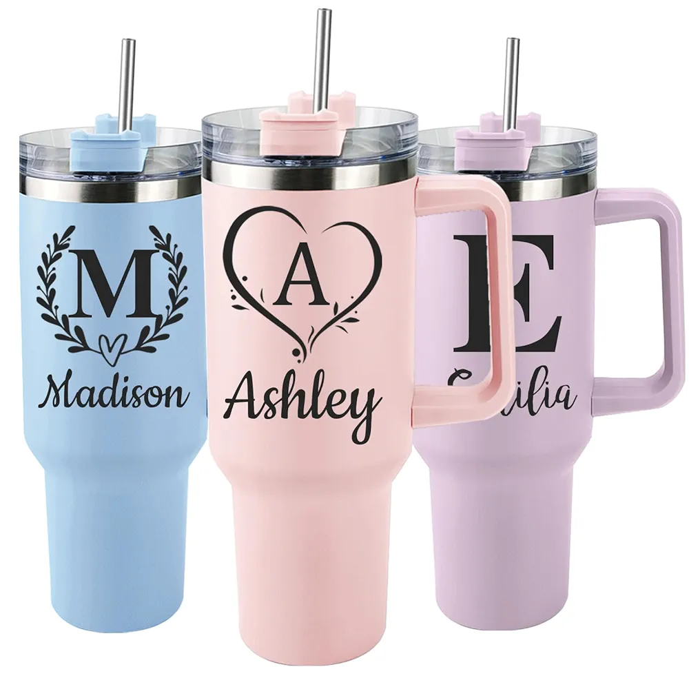 Ships Next Day, Personalized 40 Oz Tumbler with Handle and Straw, Custom Stainless Steel Insulated Tumbler with Name Travel Coffee Mug Personalized Gifts for Women Girls