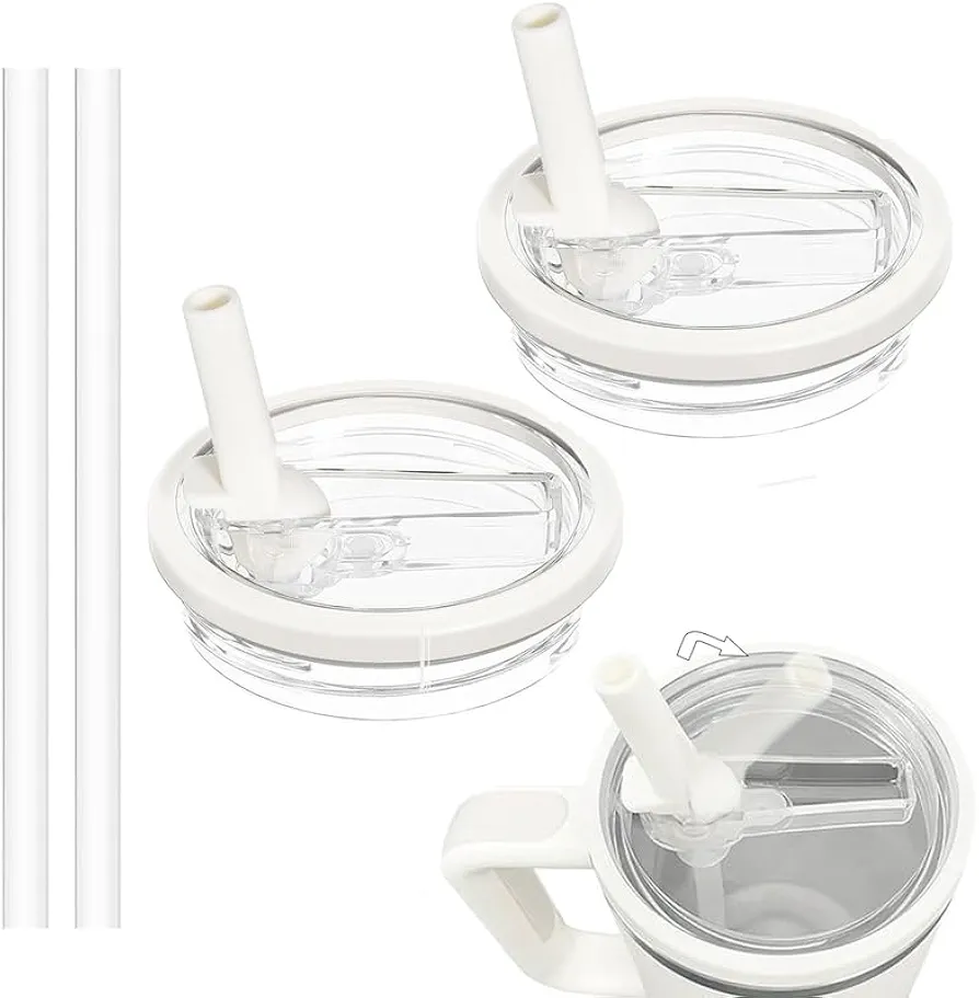 2 Pack 40 oz Tumbler Flip Straw Lid Replacement - Tumbler with Lid and Straw for Stanley Quencher, Leak Proof, Spill Proof Splash Resistant Tumbler Lid, Reusable Tumbler Cover, Cream White