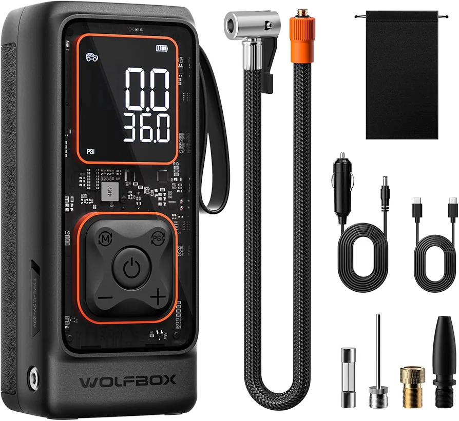 WOLFBOX Tire Inflator Portable Air Compressor, 150PSI Air Pump for Car Tires, 12000mAh Battery Cordless Tire Inflator, 35LPM Air Compressor with Tire Pressure Gauge for Car, Motorcycle, Bicycle & Ball