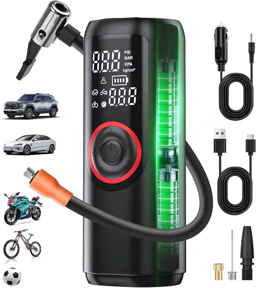 Tire Inflator Portable Air Compressor, Air Pump for Car Tires with Tire Pressure Gauge (150PSI), Tire Auto Air Pump with LED light, Auto Inflation Pump for Motorcycle, Car, Bike, Balls/7500mAh