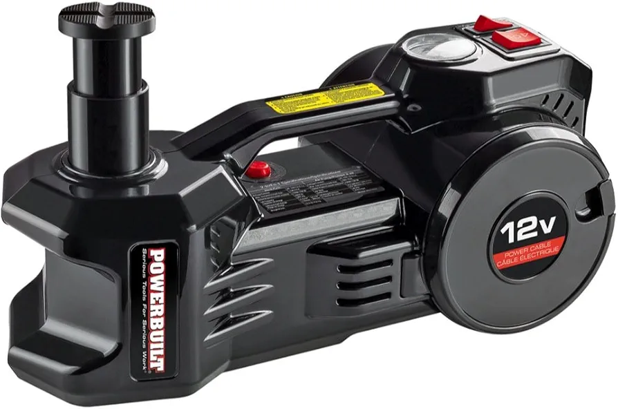 Powerbuilt 12 Volt Electric Jack and Tire Inflator Combo, 2 in 1, Fix Flat Tire or Vehicle Lift with 1 Ton Capacity Emergency Roadside Use Car Battery Charge, 620484